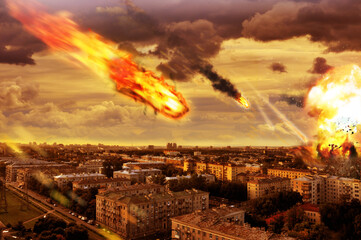 Nuclear war concept. Explosion of nuclear bomb. Apocalyptic view of city downtown after bombing....