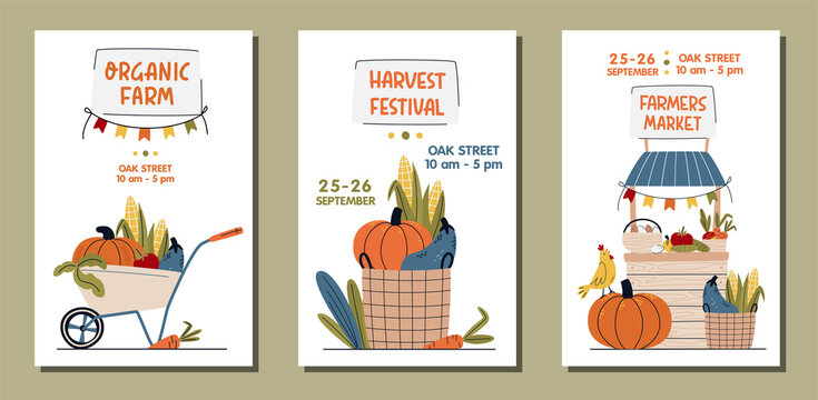 Set of Farmers Market, Organic Farm, Harvest Festival banner or poster. Wheelbarrow, stall and basket with seasonal vegetables. Buy fresh organic products from the local farmers market. Eat Local