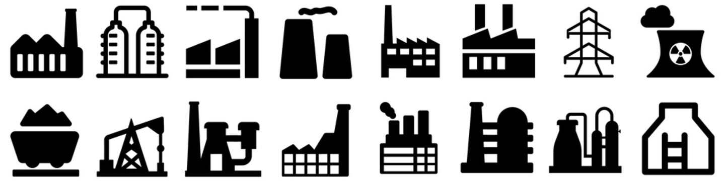 Industrial factories vector icons set. Factory icon illustration. Industry power, chemical manufacturing building warehouse nuclear energy plant. 