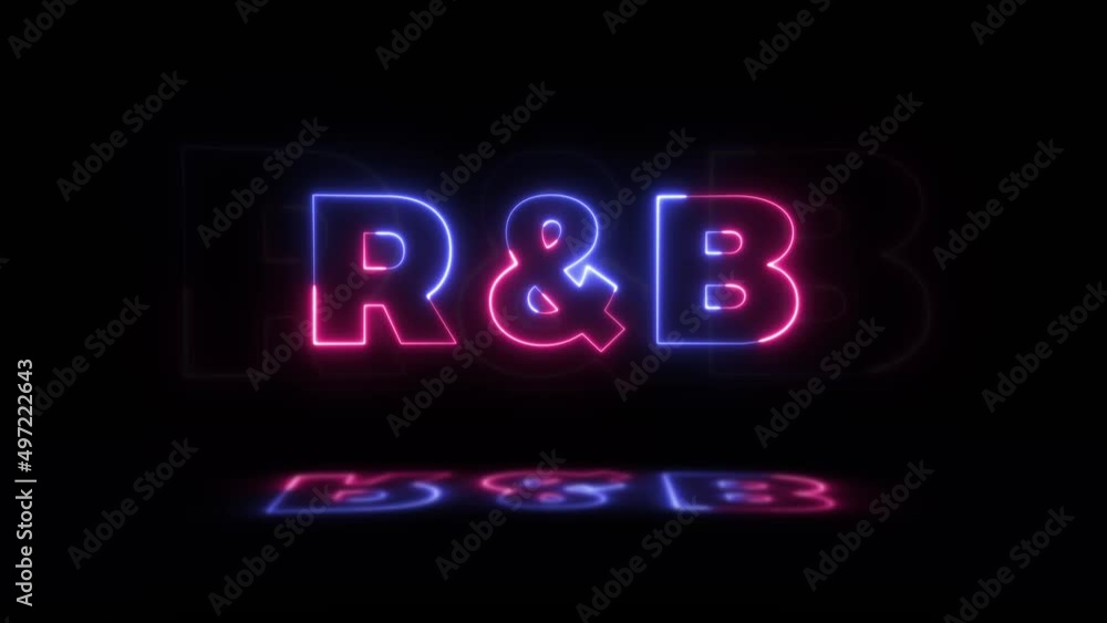 Aufkleber neon glowing word 'r and b' on a black background with reflections on a floor. neon glow signs in se