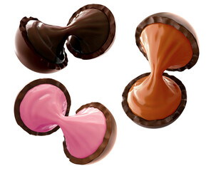 Chocolate balls with liquid filling. 3d illustration. Caramel and chocolate filling. Isolated on background.