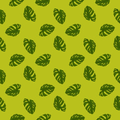 Monstera leaf seamless pattern.Vintage tropical branch in engraving style.