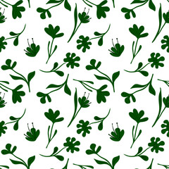 Abstract small floral seamless pattern on white background. Green flowers meadow in doodle style.