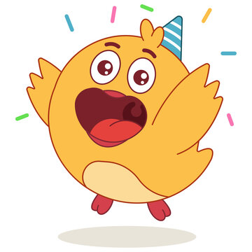 Cute cartoon chicken celebrating Birthday vector funny character isolated on a white background.