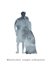 Obraz premium Romantic love story silhouette on watercolor background.Couple in a hug.Love concept. Watercolor hand drawn painting.