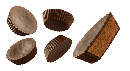Set of chocolate peanut butter cups. Isolated on background. 3d illustration