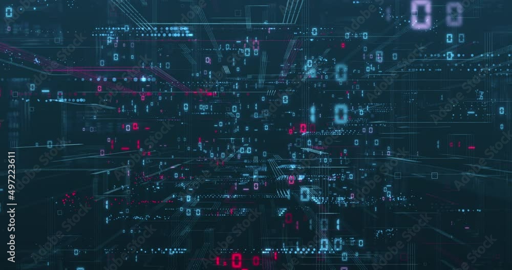 Poster Digital data network animation depicting binary code calculations and data processing. 
Digits, lines and abstract point clouds form a complex computer network on a dark blue background.