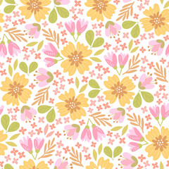 Hand-drawn seamless pattern with flowers. Colorful floral illustration for paper and gift wrap. Fabric print modern design. Creative stylish background.