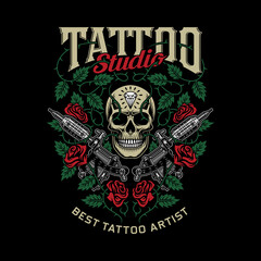 Tattoo Studio Emblem with Skull and Tattoo Machines