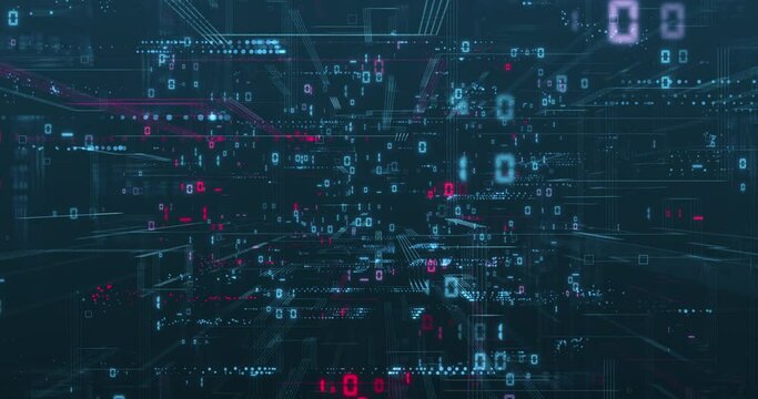 Digital data network animation depicting binary code calculations and data processing. 
Digits, lines and abstract point clouds form a complex computer network on a dark blue background.