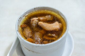 Bull penis stew soup, Dun tang, old fire soup or lou fo tong.Traditional chinese food, canton cuisine or yue cuisine made with meat and Chinese herbs.
