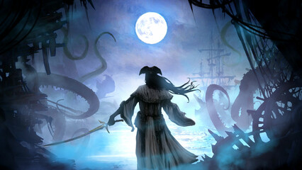 A pirate woman in a hat and a white dress goes to battle with a kraken destroying her fleet with huge tentacles in the bay, she goes into the water with a saber in her hand in the moonlight. 2d art