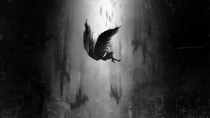 Fotobehang The angel Lucifer, exiled from paradise, falls from heaven, unable to fly on his broken black wings anymore, black silhouettes of people fall with him into the black abyss. 2d religious art © warmtail