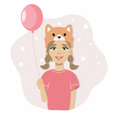 Cute cartoon girl in a hat with pink balloon. Happy kid in a fox cap. Smiling character of a child in a funny birthday party. Portrait vector illustration isolated on the white background