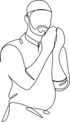 Single continuous line drawing of muslim person raise and open hands praying, from rear view. Islamic holy day Ramadan Kareem and Eid Mubarak pray concept one line draw design vector illustration