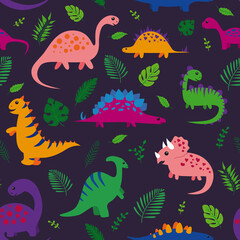 Obraz premium Pattern with cartoon cute dinosaurs and leaf.