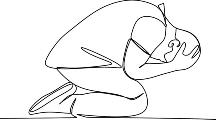 Single continuous line drawing of muslim person raise and open hands praying, from rear view. Islamic holy day Ramadan Kareem and Eid Mubarak pray concept one line draw design vector illustration