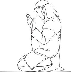 Single continuous line drawing of muslim person raise and open hands praying, from rear view. Islamic holy day Ramadan Kareem and Eid Mubarak pray concept one line draw design vector illustration