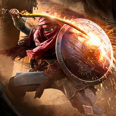 A charming Arab warrior woman with blue eyes, she stands in a fighting stance in the middle of a sandy temple, scratching her shield with fiery sword, hiding her face under a turban mask. 3d rendering