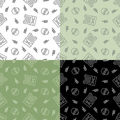 set of seamless patterns with soldier helmet, bulletproof vest and radio station. Ornament for decoration and printing on fabric. Design element. Vector