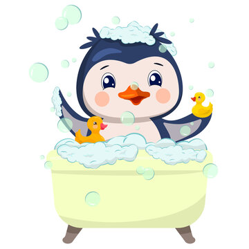Cartoon penguin plays with yellow rubber ducks in a bath with foam and soap bubbles. Vector illustration