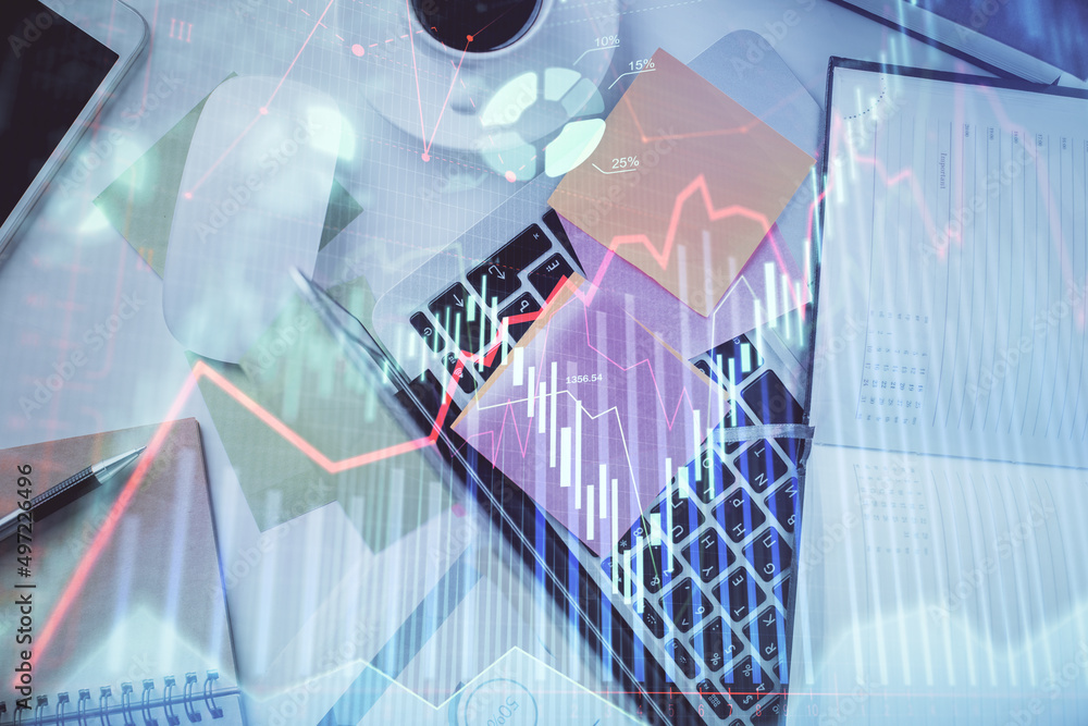 Poster multi exposure of financial chart drawing over table background with computer. concept of research a