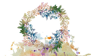 Watercolor paintings vintage style card thanks, wreath floral with wildflower garden.