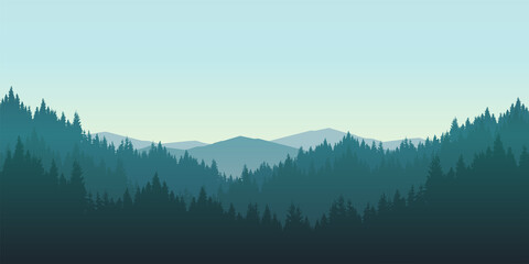 mountain landscape with pine forest in the morning or in the evening