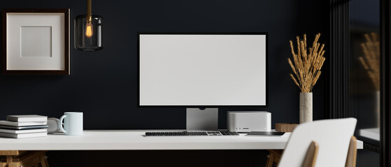 Elegance black office workspace interior with modern computer on white table, black wall.
