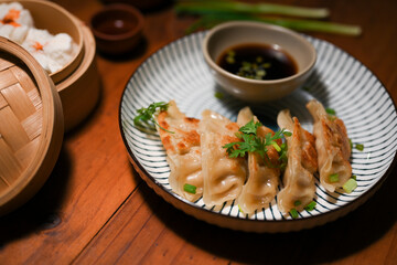 Traditional homemade fried dumplings or gyoza. Asian food concept .