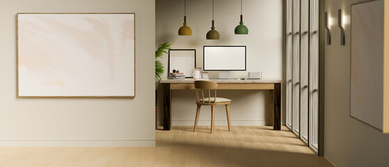 Scandinavian workspace interior with comfortable computer desk, large frame mockup on wall.