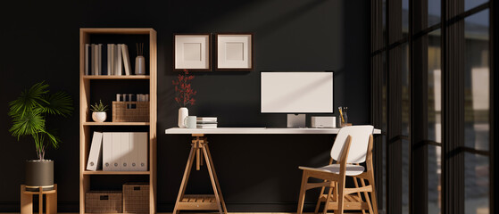 Comfortable Scandinavian office workplace or home office interior with wood computer desk