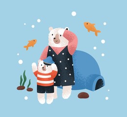 Cute Northern bear family. Baby animal characters, mother and child. Childish nursery fairytale. Adorable mom and kid from North. Scandinavian nordic fairy tale. Childrens flat vector illustration