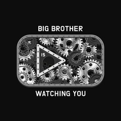 Video play icon of social media in vintage style with gears, metal rail, rivets, text. Silhouette of skull inside of button. Big brother is watching. Concept of global supervision through internet, SM