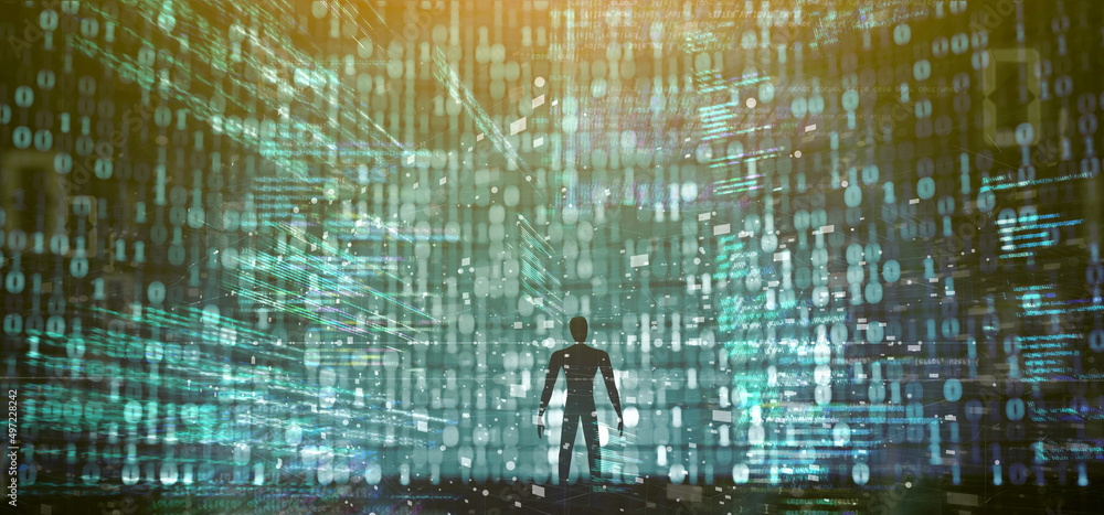 Poster abstract man in a science fiction digital world - 3d rendering