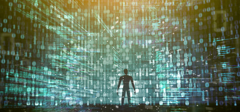 Abstract man in a science fiction digital world - 3d rendering