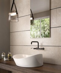 Modern interior design of bathroom with elegant tiles, seamless bathroom vanity, luxurious interior background.