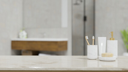 White marble bathroom countertop with a ceramic bathroom product container