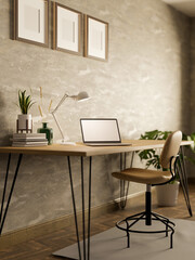 Comfortable modern loft Scandinavian workspace interior with laptop computer