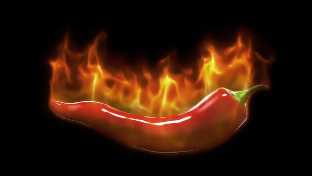 Red hot chili pepper on fire on a black background.
