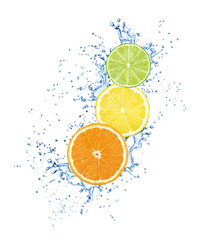 Slices of citrus fruits in water splashes isolated on white background.