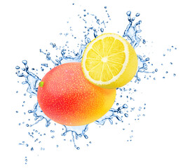 Fruit composition with whole mango and halved lemon in water splash isolated on white background.