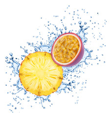 Composition with halves of tropical fruits - pineapple and passion fruit in water splashes isolated on white background.