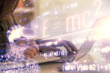 Double exposure of woman hands typing on computer and formula hologram drawing. Education concept.