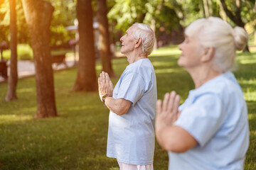 Fototapeta premium Senior man meditates holding hands in namaste while doing yoga with wife in picturesque park
