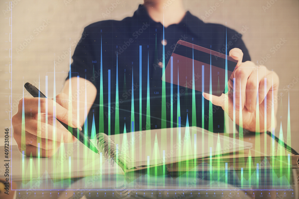 Poster double exposure of man hands holding a credit card and forex graph drawing. stock trading and digita