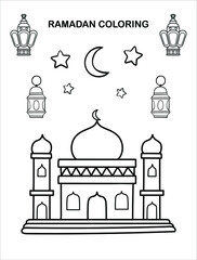 Mosque icon Ramadan Children Coloring book pages , Islamic month ramadan worksheet ,Sketch outline black and white pages . Kids education. Vector illustration