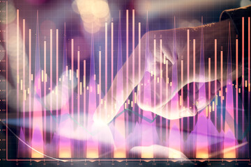 Multi exposure of man's hands holding and using a phone and financial chart drawing. Market analysis concept.