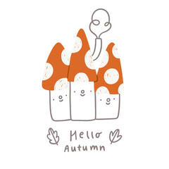 Hello autumn, cute mushroom houses characters, vector