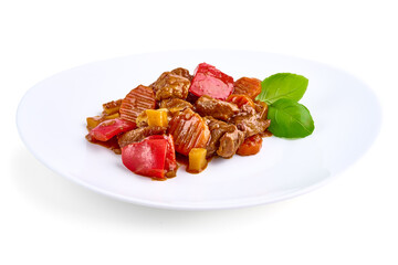 Stew Meat, stewed pork goulash, isolated on white background.